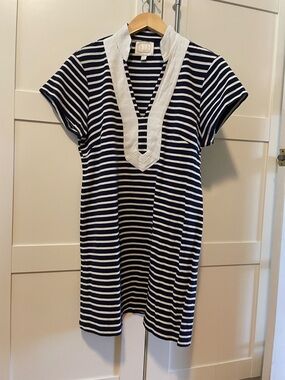 Sail to Sable Navy and Off-White Striped Tunic with V-Neck Trim